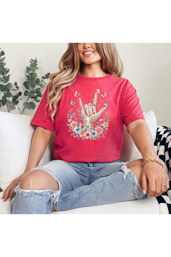 I Love You Sign Language Floral Butterflies ASL T-Shirt, Deaf Culture Awareness Gift, Aesthetic Botanical Sign Graphic Tee, Vintage Birthday Gift