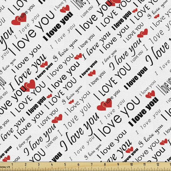 I Love You Sofa Upholstery Fabric by the Yard, Romance Words with Hearts in Different Characters Flirt Celebration Pattern, Decorative Fabric for Home Accents, 3 Yards, Red White Black by Ambesonne