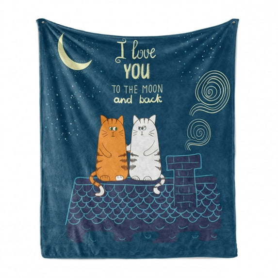 I Love You Soft Flannel Fleece Blanket, Love Cats on the Roof Under Night Sky Moon Stars Caricature Kitty Image, Cozy Plush for Indoor and Outdoor Use, 60" x 80", Petrol Blue Ivory, by Ambesonne