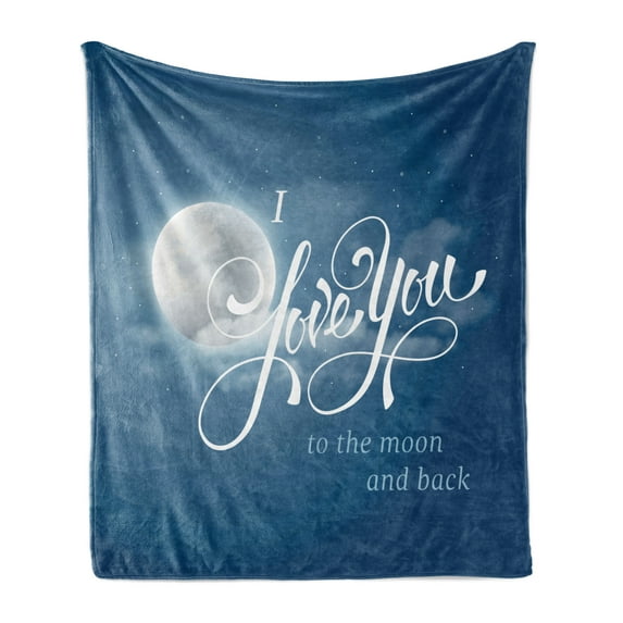 I Love You Soft Flannel Fleece Blanket, Night Sky with Full Moon Between Stars Cloud Dramatic Romance Wedding Image, Cozy Plush for Indoor and Outdoor Use, 70" x 90", Dark Blue Pearl, by Ambesonne