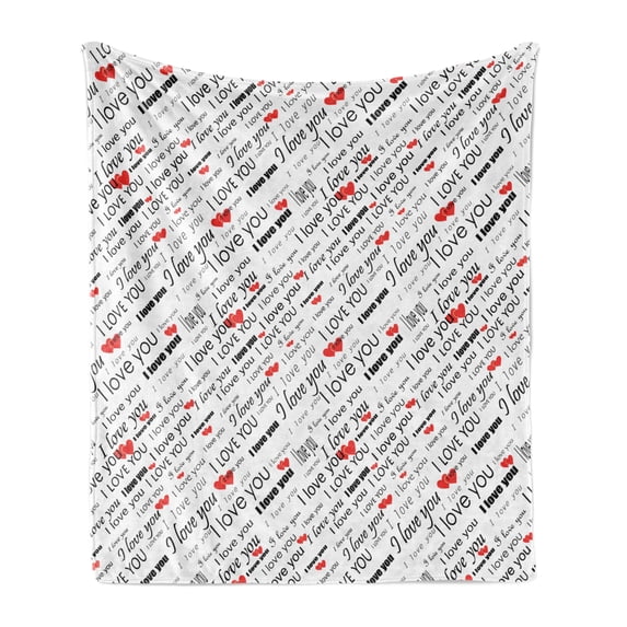 I Love You Soft Flannel Fleece Blanket, Romance Words with Hearts in Different Characters Flirt Celebration Pattern, Cozy Plush for Indoor and Outdoor Use, 70" x 90", Red White Black, by Ambesonne