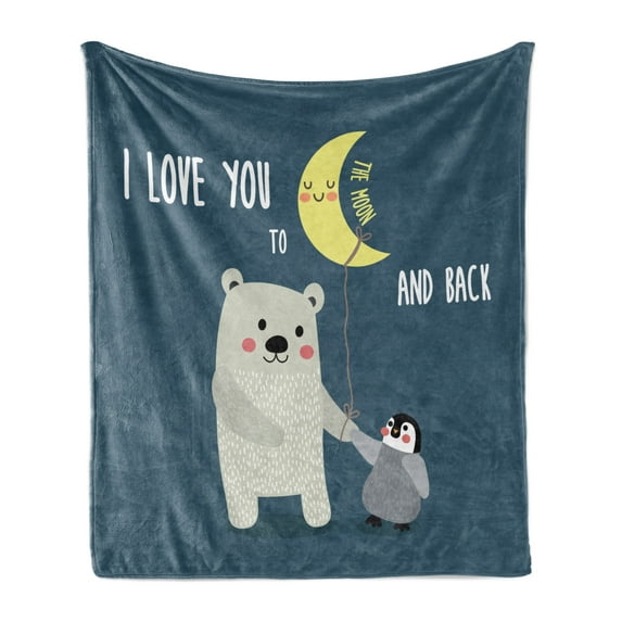 I Love You Soft Flannel Fleece Blanket, Teddy Bear and Penguin Best Friends Arctic Lovers Under Moon Cartoon, Cozy Plush for Indoor and Outdoor Use, 60" x 80", Slate Blue Grey Yellow, by Ambesonne