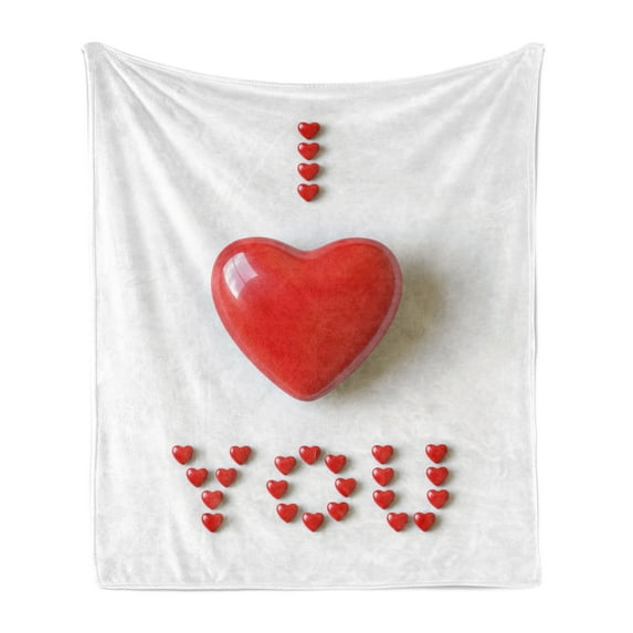 I Love You Soft Flannel Fleece Throw Blanket, 3D Illustration of a Heart Lays in Between Words Made with Heart Shaped Font, Cozy Plush for Indoor and Outdoor Use, 70" x 90", Red White, by Ambesonne