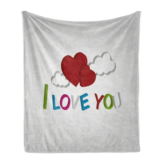 I Love You Soft Flannel Fleece Throw Blanket, 3D Letters Clouds and Hearts Romantic Message Happy Feelings, Cozy Plush for Indoor and Outdoor Use, 50" x 60", Lime Green Magenta, by Ambesonne