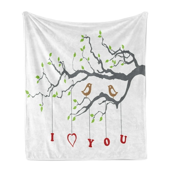 I Love You Soft Flannel Fleece Throw Blanket, Love Birds on a Tree Branch Romance Spring Inspiration Artwork Print, Cozy Plush for Indoor and Outdoor Use, 50" x 70", Grey Red Fern Green, by Ambesonne
