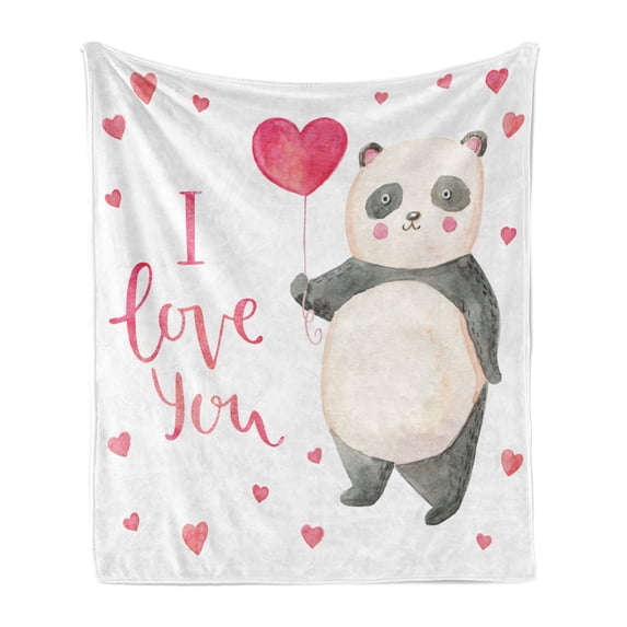 I Love You Soft Flannel Fleece Throw Blanket, Panda Bear Holding a Balloon Hearts Playroom Baby Watercolor Art, Cozy Plush for Indoor and Outdoor Use, 50" x 70", Dark Coral Ivory Grey, by Ambesonne