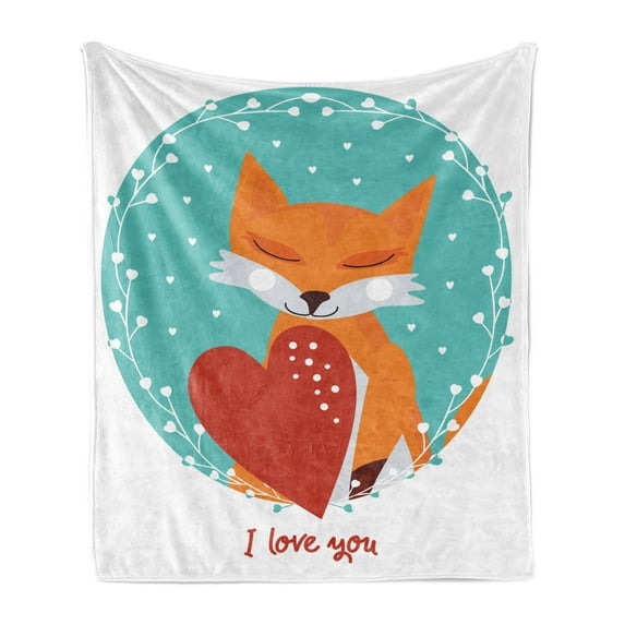 I Love You Soft Flannel Fleece Throw Blanket, Romantic Calligraphy with Heart and a Fox, Cozy Plush for Indoor and Outdoor Use, 70" x 90", White Multicolor, by Ambesonne