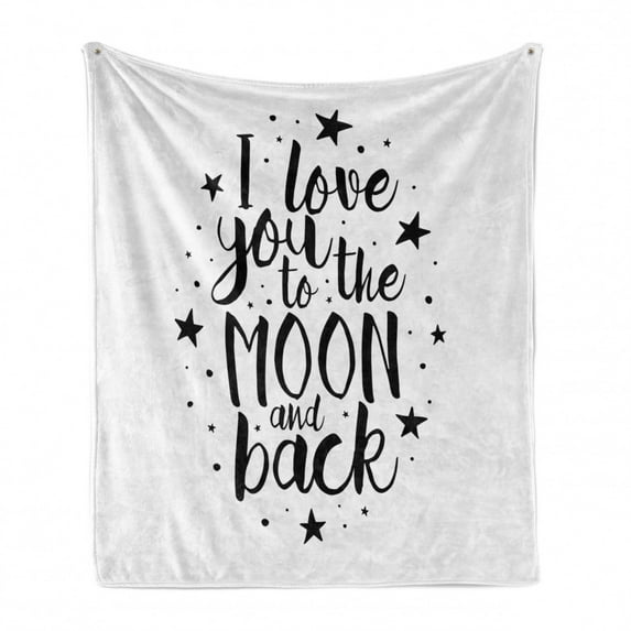 I Love You Soft Flannel Fleece Throw Blanket, Romantic I Love You to the Moon and Back Lifestyle Words Print, Cozy Plush for Indoor and Outdoor Use, 70" x 90", Black White, by Ambesonne