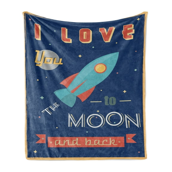 I Love You Soft Flannel Fleece Throw Blanket, Spaceship Galaxy Stars Cosmos Love Theme Retro Inspirational Letters, Cozy Plush for Indoor and Outdoor Use, 50" x 70", Dark Blue and Coral, by Ambesonne