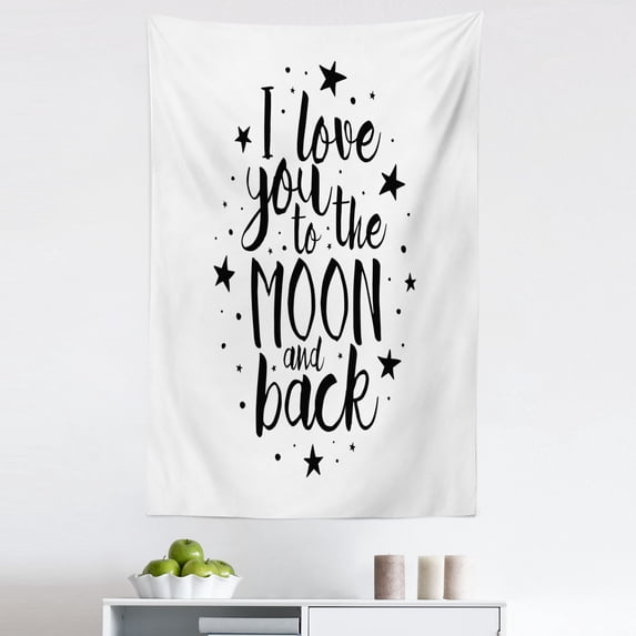 I Love You Tapestry, Romantic I Love You to the Moon and Back Lifestyle Words Print, Fabric Wall Hanging Decor for Bedroom Living Room Dorm, 5 Sizes, Black White, by Ambesonne