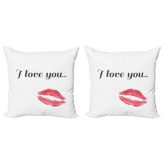 Ambesonne I Love You Throw Pillow Cover 2 Pack, Red Kiss Lipstick, 18", Dark Coral Grey