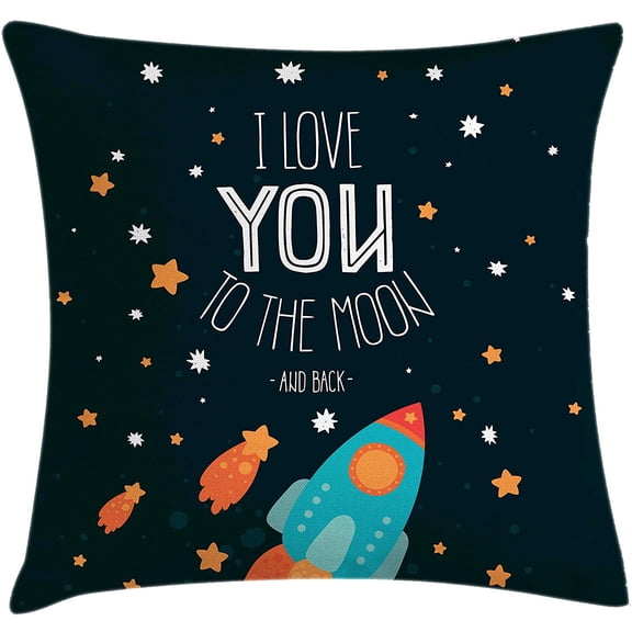 I Love You Throw Pillow Cushion Cover, Rocket on The Road of Space Adventurist Cosmic Couples Happy Birthday Theme, Decorative Square Accent Pillow Case, 18" X 18", Dark Pine