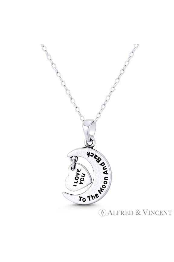 I Love You To The Moon & Back & Heart Charm 26x15mm (1x0.6in) Pendant & Chain Necklace in Oxidized .925 Sterling Silver