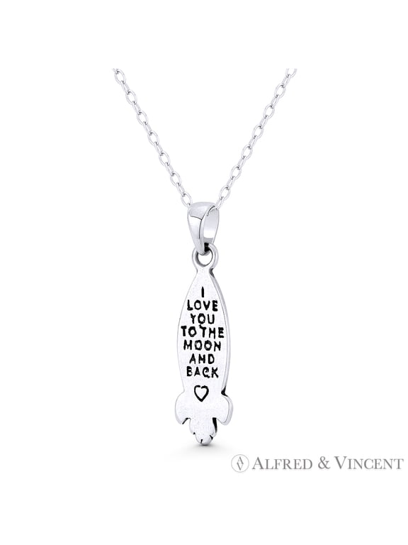 I Love You To The Moon & Back on Rocketship Charm 27x7mm (1.1x0.3in) Pendant in Oxidized .925 Sterling Silver