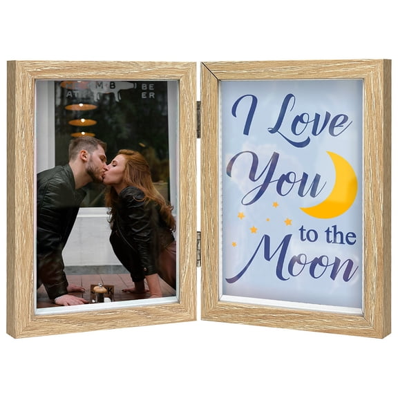 I Love You To The Moon Folding Photo Frame 6x4 Wood 2 Vertical Visual Window Picture Frames with Paper Affection Message Card