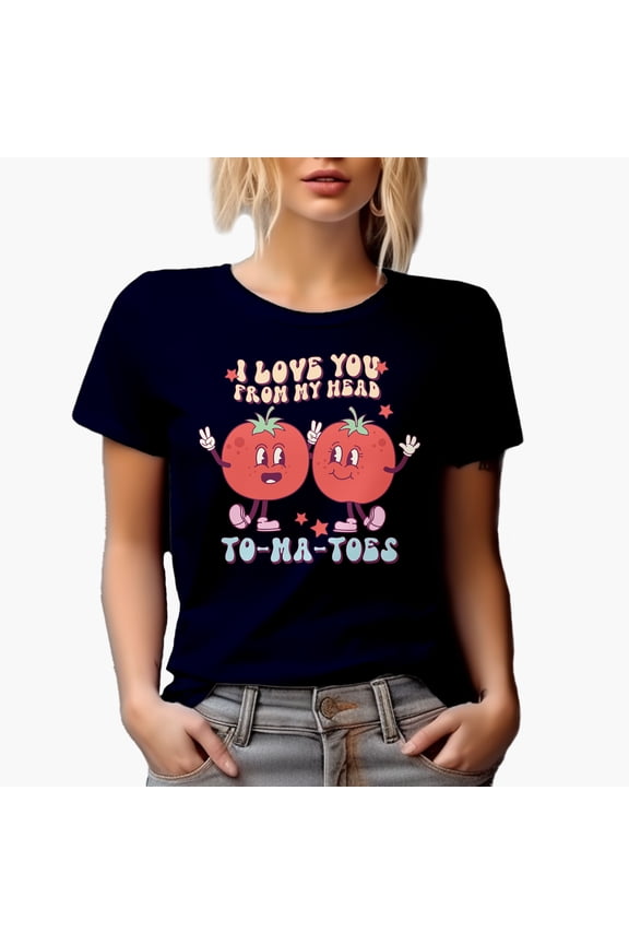I Love You from My Head Tomatoes Pun, Retro Groovy Wavy Text Art Merch Gift, Navy Blue T-Shirt, Medium