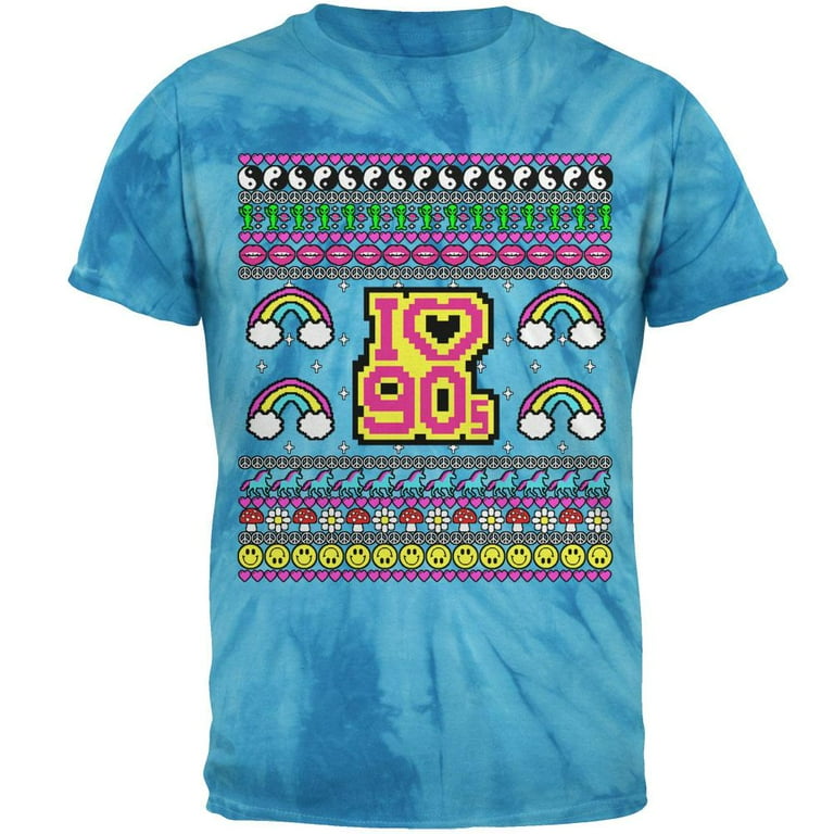 I Love the 90s Retro Nostalgia Ugly Christmas Sweater Mens T Shirt Pinwheel Blue Tie Dye X LG