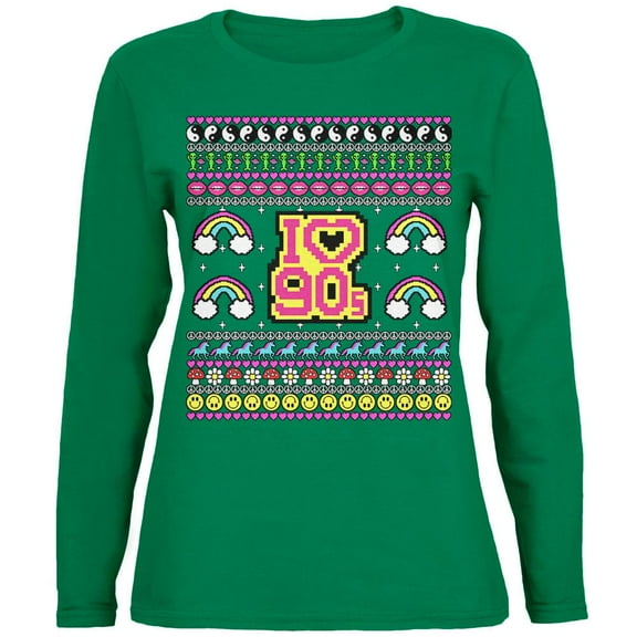 I Love the 90s Retro Nostalgia Ugly Christmas Sweater Womens Long Sleeve T Shirt Green MD
