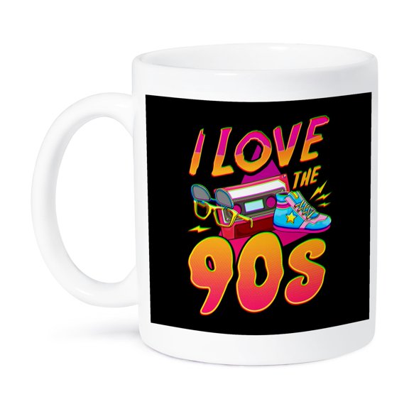 3dRose, I Love the 90s with Cassette Retro Vintage Neon, 15oz Mug