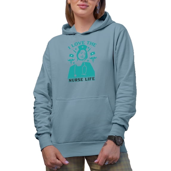 I Love the Nurse Life, Nurses Week, Light Blue Hooded Sweatshirt or Hoodie, XL