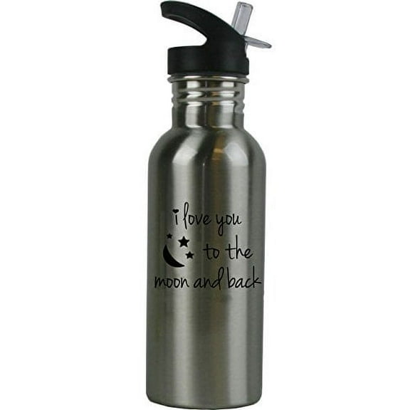 I Love you to the Moon and Back Stainless Steel Silver Water Bottle with Straw Lid, Straw