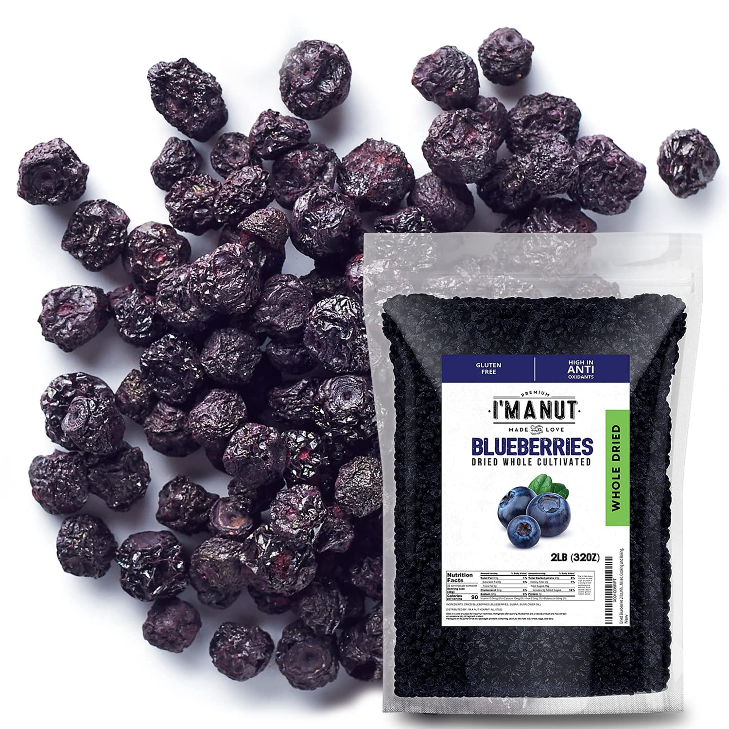 Whole Dried Blueberries-Kosher- 32 oz - American - Batch Tested Gluten and Peanut Free I'M A NUT