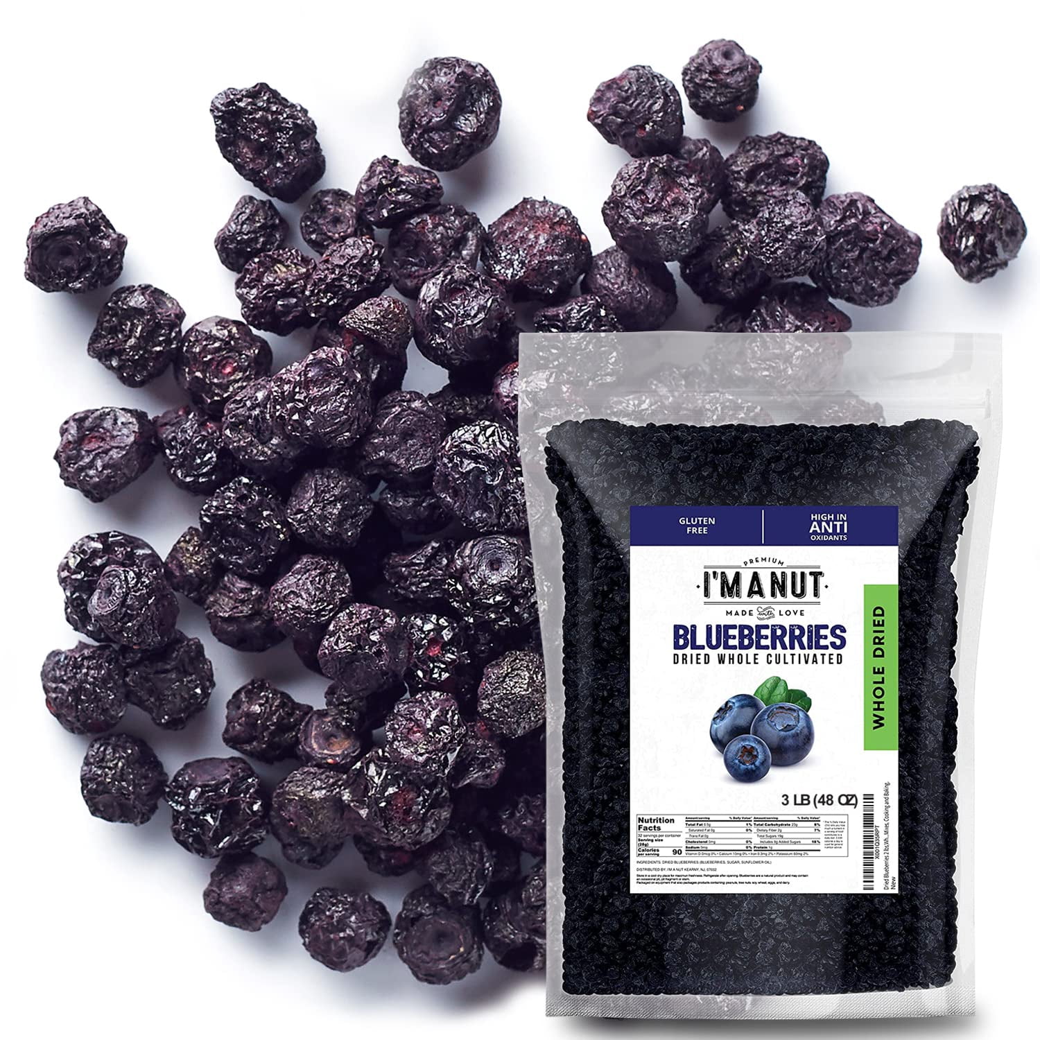 Whole Dried Blueberries- 48 oz American -Kosher Batch Tested Gluten and Peanut Free - I'M A NUT