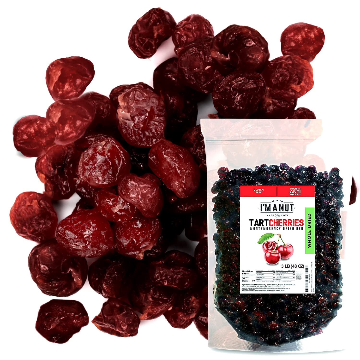 I'M A NUT American Whole Dried Tart Cherries-Sweetened-Kosher- 48 oz Batch Tested Gluten and Peanut Free