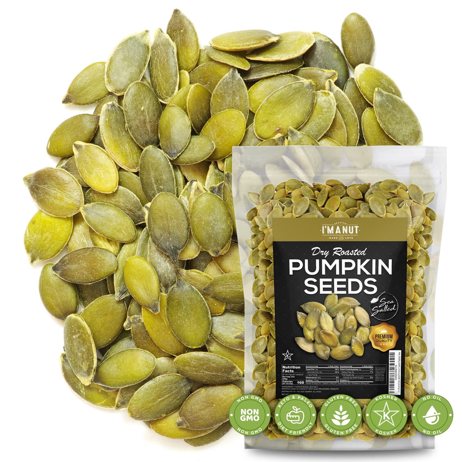 I'M A NUT Dry Roasted Pumpkin Seeds with Sea Salt-No oil No PPO Non GMO Vegan Kosher-48 oz