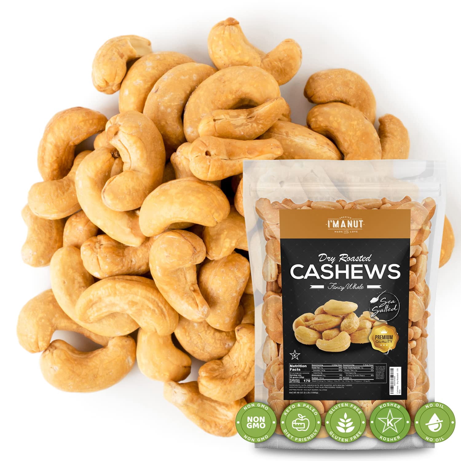 Dry Roasted Whole Cashews with Sea Salt-48oz-No oil No PPO Non GMO Vegan Kosher I'M A NUT