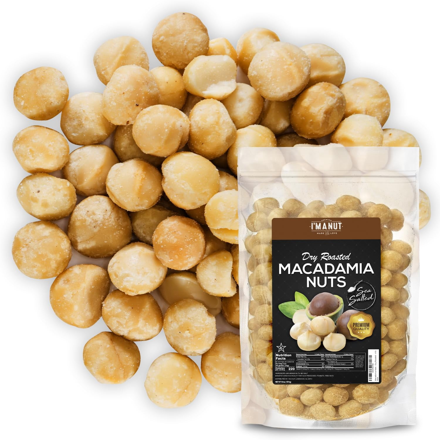Premium Macadamia Nuts 64 oz – Macadamia Oven Toasted with Sea Salt, Vegan, Kosher, Non-GMO, Batch Tested Gluten & Peanut Free