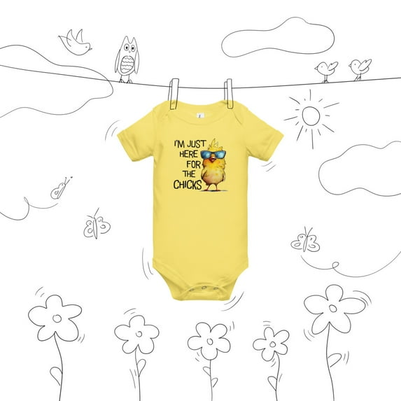 I'M JUST HERE FOR THE CHICKS EASTER ONESIE SHIRT FOR INFANTS AND TODDLERS (Yellow, 6-12m)
