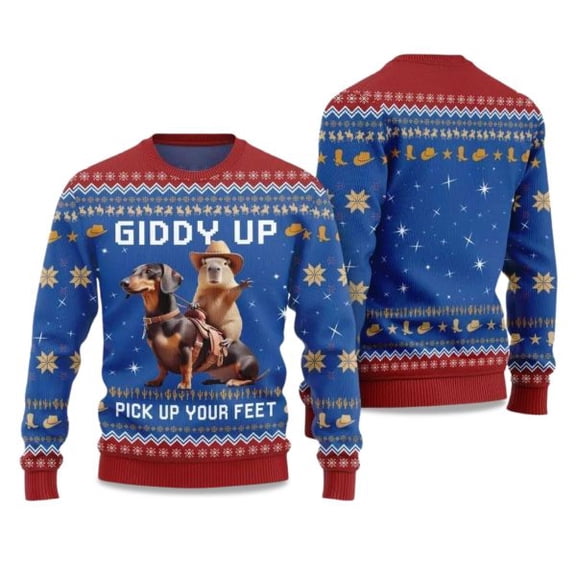 2025 Giddy Up Pick Up Your Feet Dachshund Capybara Ugly Christmas Sweater