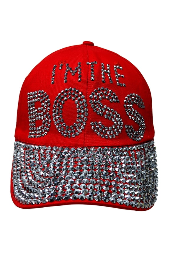 "I'M THE BOSS" Bling Rhinestones Red Baseball Cap Curved Visor Hat