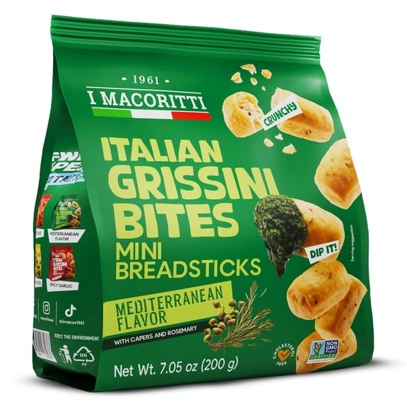 I Macoritti Italian Grissini Bites Mediterranean Savory Flavor with Capers and Rosemary Golden Crispy Breadsticks Aromatic Authentic Gourmet Snack 7.05oz Bag Pack of 12 Total 84.6oz