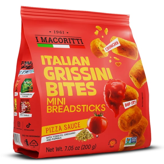 I Macoritti Italian Grissini Bites Pizza Sauce Flavor with Tomato, Oregano, Paprika - Golden Crispy Breadsticks, Irresistible Savory Snack - 7.05 oz Bag, Pack of 12, Total 84.6 oz