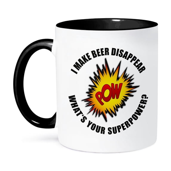 3dRose, I make beer disappear what is your superpower, 11oz Two-Tone Black Mug