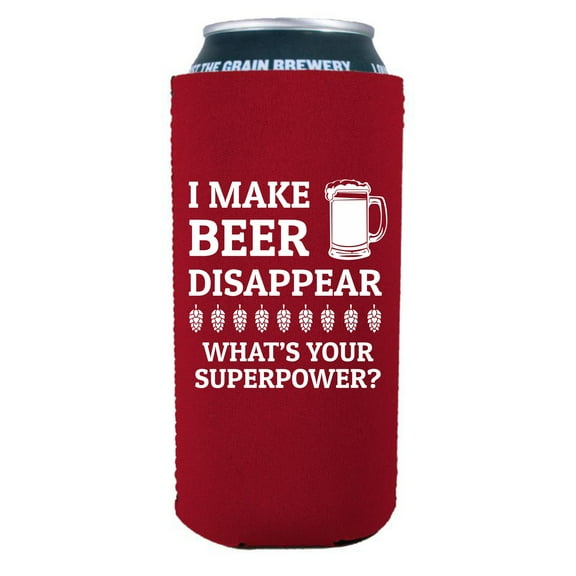 I Make Beer Disappear, What's Your Superpower? 16 oz. Can Coolie (Red)