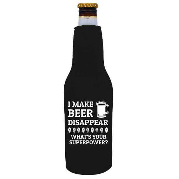 I Make Beer Disappear, What's Your Superpower? Beer Bottle Coolie (Black)