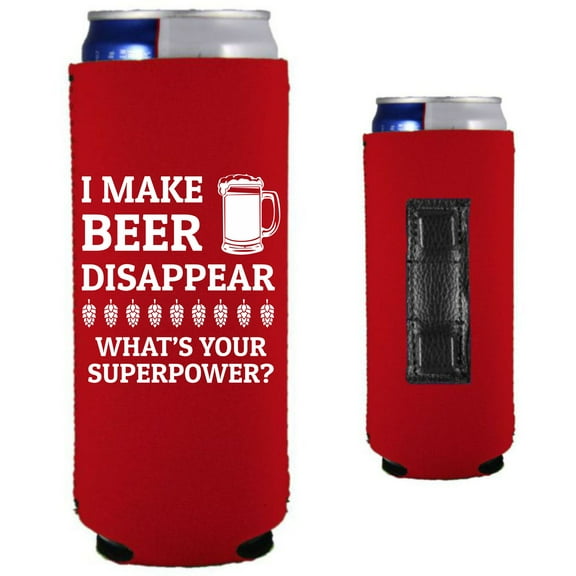 I Make Beer Disappear, What's Your Superpower? Magnetic Slim Can Coolie (Red)