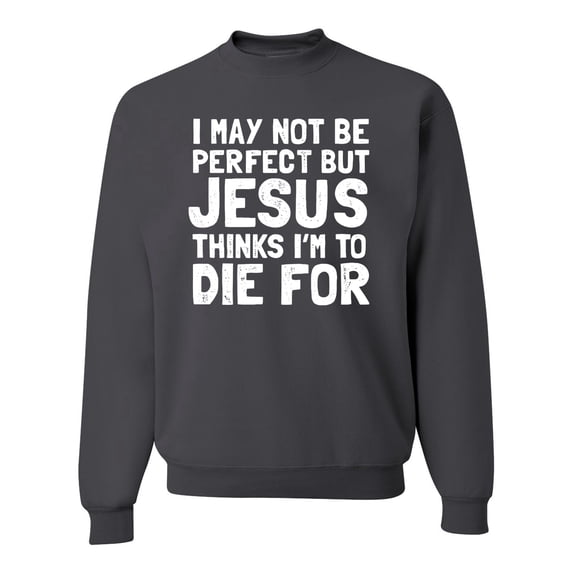 I May Not Be Perfect But Jesus Thinks I'm To Die For | Mens Inspirational/Christian Crewneck Graphic Sweatshirt, Charcoal, Medium
