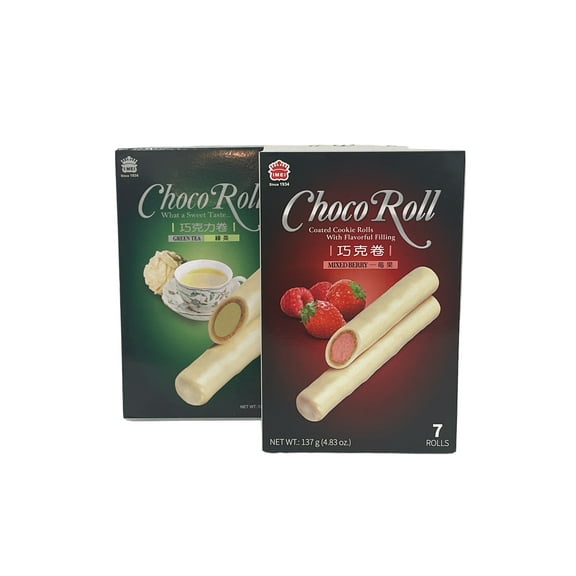 I-Mei Choco Roll White Chocolate Coated Cookie Roll with Green Tea and Mix Berry Filling; 2 X 4.53 oz