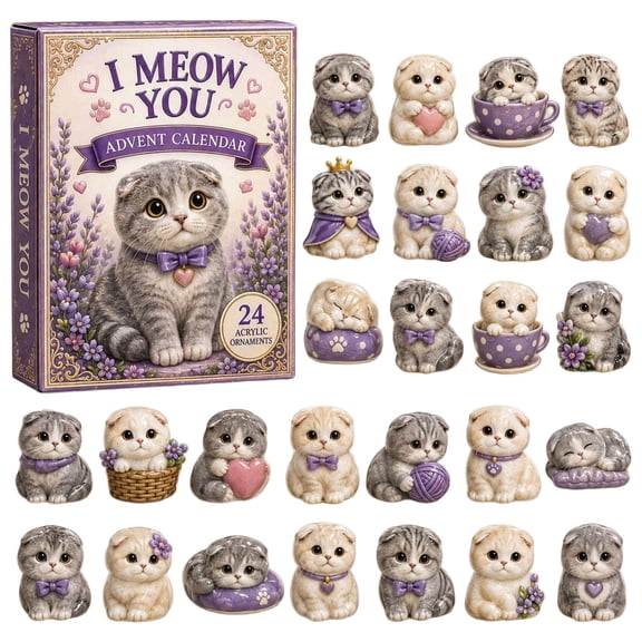 I Meow You Cat Advent Calendar 2026, 24 Days Christmas Countdown Box with 2D Acrylic Kitten Ornaments, Purple Lavender Tree Decor, Gift for Women and Cat Lovers, 24 Pcs