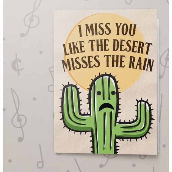 I Miss You Greeting Card – Funny Cactus Design with “I Miss You Like the Desert Misses the Rain” Quote – Blank Inside, Envelope Included – Perfect for Long-Distance Friends and Loved Ones