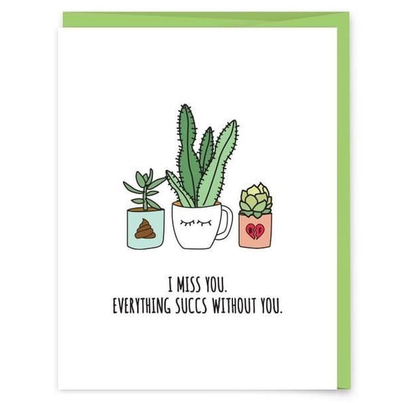 I Miss You Succulent Greeting Card Cute Potted Plant Design with Humorous Text Blank Inside, Envelope Included Perfect for Friends, Family, and Loved Ones