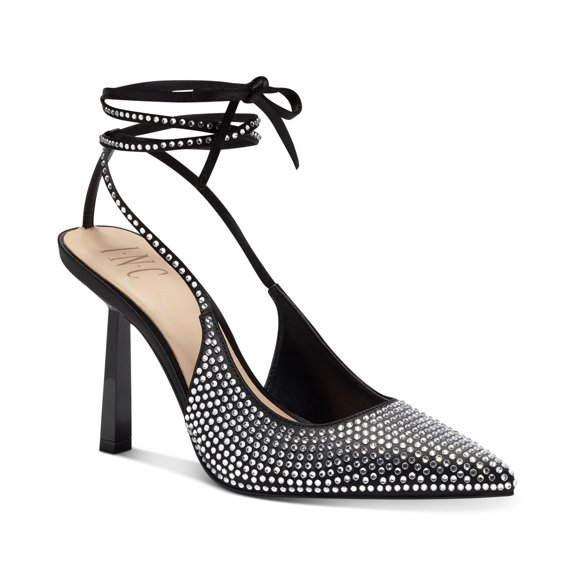 I.N.C. International Concepts Ankle-Tie Pointed Pumps Black Bling 7M