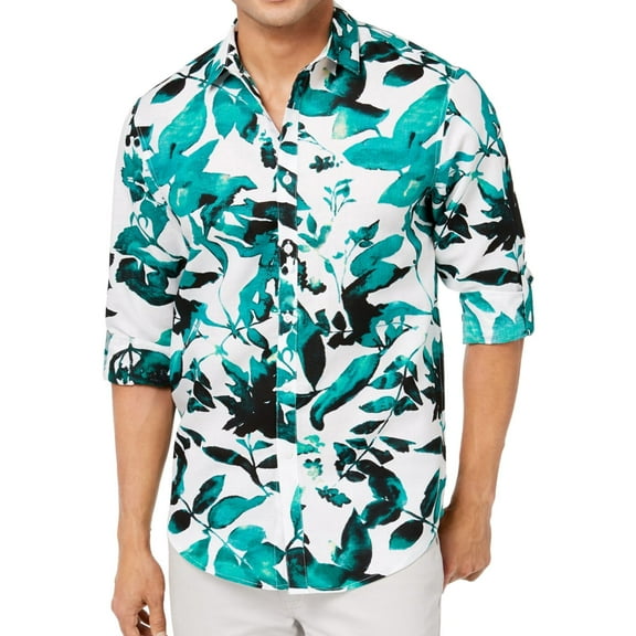 I-N-C Mens Abstract Floral Button Up Shirt, White, Medium