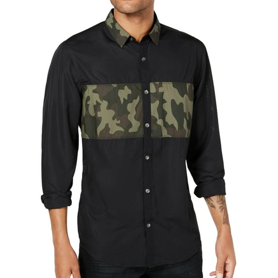 I.N.C Mens Camouflage Button Up Shirt, Black, Small