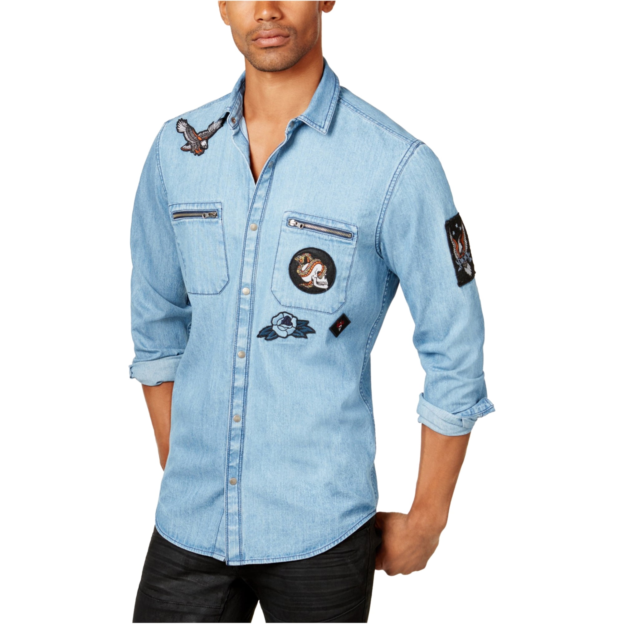 I-N-C Mens Denim Patch Button Up Shirt, Blue, Small