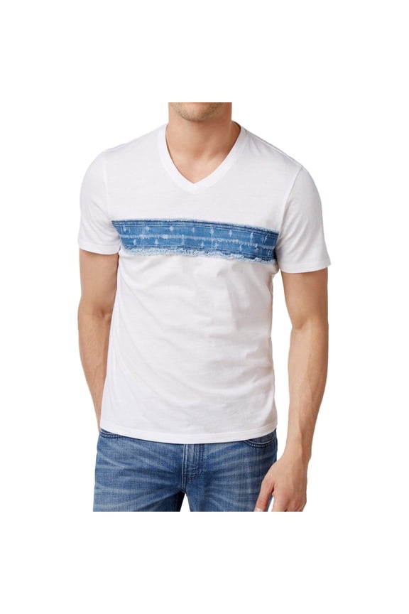 I.N.C Mens Denim Trim Embellished T-Shirt, White, XX-Large